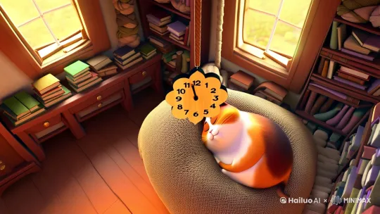 【开场镜头】
 
（全景俯拍 午后阳光的书房）
 
胖乎乎的三花猫蜷在毛线堆里打盹，胡须随着鼾声轻轻颤动。墙上挂着圆脸向日葵挂钟，指针指向3:00PM。
 
【特写镜头】
 
（木质时钟特写 秒针跳动声渐强）
 
毛茸茸的鹿角忽然入画，戴着圆框眼镜的鹿先生踮起后蹄，用蹄尖轻敲钟面。"叮咚"声惊得胖猫耳朵猛地竖起。
 
【双人镜头】
 
（仰视视角 逆光中的剪影）
 
鹿先生竖起前蹄比出"3"的手势："午休时间到啦，该去花园巡逻咯~"尾巴扫过胖猫头顶呆毛时抖落几片樱花花瓣。
 
【趣味蒙太奇】
 
（快速剪辑配合轻快钢琴BGM）
 
胖猫抱着闹钟满地打滚耍赖
 
鹿先生摘下眼镜假装擦拭泪花
 
胖猫偷瞄时钟时被自己尾巴绊倒
 
鹿先生变魔术般从领结里掏出小鱼干
 
【高潮镜头】
 
（旋转镜头 定格动画质感）
 
阳光穿过飘动的纱帘，在胖猫忽然瞪圆的双瞳里映出时钟倒影。它猛地弹起，叼着小鱼干冲向窗台，圆滚滚的肚子把花盆碰得"叮铃哐啷"直响。
 
【尾声镜头】
 
（慢镜头 樱花雨特效）
 
鹿先生站在窗边目送橘色毛团蹦进花田，蹄子扶正被撞歪的眼镜。特写墙上时钟显示3:15PM，秒针变成晃动的猫尾巴图案。
 
【字幕浮现】
 
"偶尔偷懒没关系，但答应好的约定要记得哦~" by Hailuo AI Video Generator