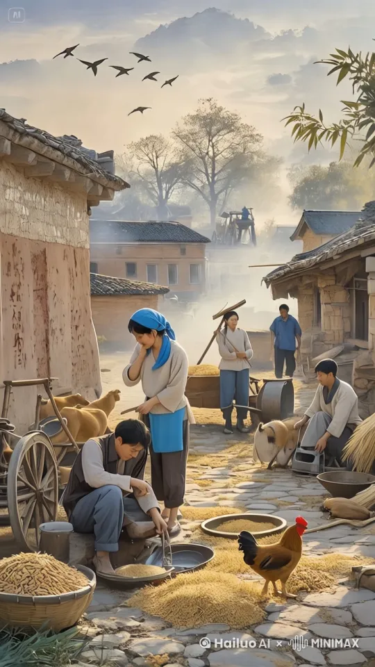 这张图片展现了一个农村的场景，充满了劳动和生活的气息。以下是一些动态提示词，可以让图片内容更加生动：

1. **晨曦中的村庄**：清晨的阳光透过薄雾洒在村庄的屋顶和地面上，营造出一种宁静而祥和的氛围。
2. **忙碌的村民**：村民们正在忙碌地处理农作物，有的在筛豆子，有的在搬运粮食，展现了农村生活的勤劳和充实。
3. **家禽和牲畜**：一只公鸡在地面上悠闲地走动，牛在不远处安静地站着，增添了乡村生活的真实感。
4. **飞翔的鸟儿**：几只鸟儿在空中飞翔，给画面增添了动态的元素和自然的生机。
5. **传统建筑**：村庄的建筑多为传统的土坯房和瓦顶，反映了当地的建筑风格和文化背景。
6. **雾气弥漫**：薄雾在村庄中弥漫，使得整个场景显得更加梦幻和神秘。

通过这些动态提示词，可以让图片内容更加生动，仿佛能感受到清晨的微风，听到村民们的交谈声和家禽的叫声，看到鸟儿在空中自由飞翔。这样一来，图片就不仅仅是静止的画面，而是充满了生命力和故事感。[左移,上升] by Hailuo AI Video Generator