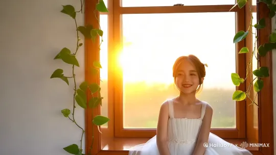 一个漂亮的女孩，穿着白色的连衣裙，坐在窗口边微笑着哼着小曲，明媚的阳光，窗外4根藤曼爬到窗台，远处落日的余晖，环绕镜头，电影感，写实，画面充满日落的氛围。 by Hailuo AI Video Generator