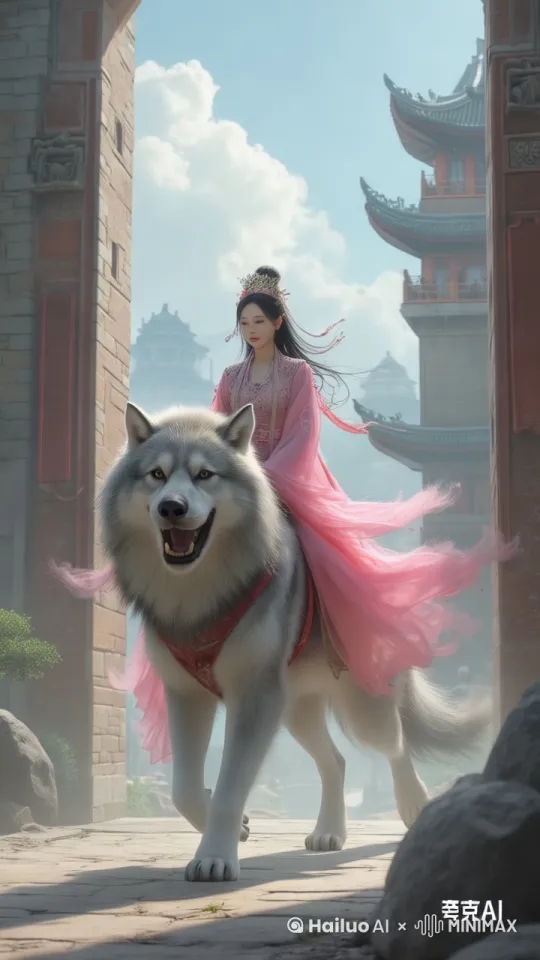 图片生成信息：人物描写：一个古灵精怪的古装大美女，五官小巧而精致，眉如远黛，眼似秋水，琼鼻微翘，樱唇不点而朱。她身着一套粉红色的精美古装，裙摆摇曳生姿。
骑在一只身形极其巨大的狼狗身上，
狼狗的描写： 这只纯灰色狼狗，浑身长满灰色的毛，柔顺且浓密，犹如狮子一般威武，毛法随风飘动。狼狗的体型硕大，步伐稳健有力。它的脖颈上戴着一个别致好看的项圈，项圈上镶嵌着五彩宝石，闪耀着迷人的光芒。
大美女双手紧紧抓着狼狗的毛，脸上满是好奇与期待。她们行走在通往繁华城市的宽阔道路上，道路两旁是红绿相间的树木，树叶在微风中沙沙作响。远处的城墙高耸，城门敞开，热闹的声音从远处传来 by Hailuo AI Video Generator