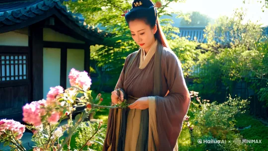 一个秦代的农家女子，在后院专注修剪花枝，阳光洒下。注意人物的发髻，服饰要符合秦朝的历史特征，女子长相清秀，漂亮 by Hailuo AI Video Generator