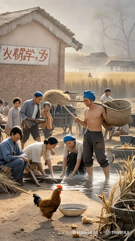 这张图片展现了一个充满活力的农村场景，似乎是在进行稻谷的打稻和清洗工作。以下是一些动态提示词，可以让图片内容更加生动，仿佛能够生成视频：

1. **稻谷打稻**：画面中的人们正在用传统的工具打稻谷，稻谷从工具中飞溅而出，形成一道道弧线。
2. **稻谷清洗**：几个人蹲在水盆旁边，用力搓洗稻谷，水花四溅，反射出阳光的光芒。
3. **搬运稻谷**：赤裸上身的男子肩扛竹篮，竹篮里装满了稻谷，他正迈步向前，步伐坚定。
4. **鸡群觅食**：一只公鸡和几只小鸡在地面上啄食，地面上的稻谷和稻草散落一地。
5. **背景活动**：远处还有几个人在忙碌，有的在搬运稻谷，有的在操作农具，整个场景充满了劳动的气息。
6. **尘土飞扬**：由于人们的活动，地面上扬起了一层薄薄的尘土，在阳光的照射下显得格外明显。
7. **建筑细节**：背景中的土砖房墙上挂着写有“久粮草乡”的牌子，屋顶是用茅草覆盖的，显得古朴而真实。
8. **自然环境**：远处的稻田一片金黄，树木在阳光下投下斑驳的影子，整个场景充满了丰收的气息。

通过这些动态提示词，可以让图片内容更加生动，仿佛能够生成视频，展现出一个充满活力和劳动气息的农村生活场景。[推出,上升,下摇] by Hailuo AI Video Generator