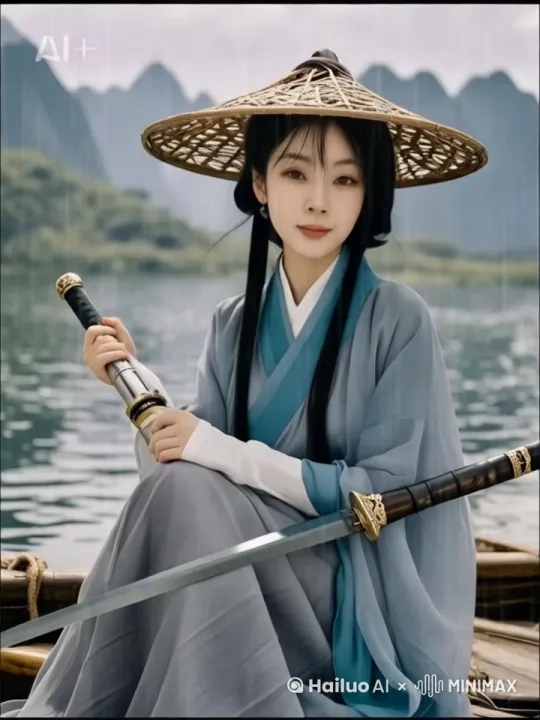 河水流动，船向前游走，风吹起头发，武侠气氛拉满 by Hailuo AI Video Generator