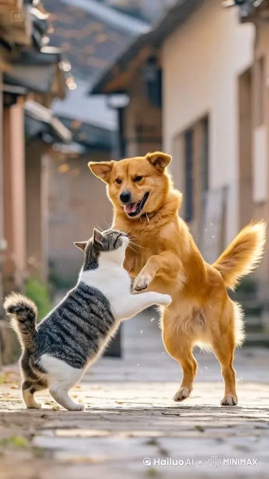 镜头移动，动态跟随，猫狗大战 by Hailuo AI Video Generator