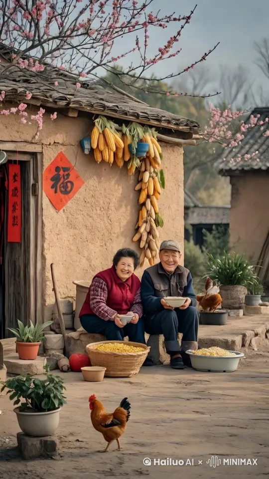 固定镜头，人物坐着不动，两位老人有说有笑的交谈，院子里桃花和草随风轻轻摇摆，地上的大公鸡在散步，人物真实不变形 by Hailuo AI Video Generator