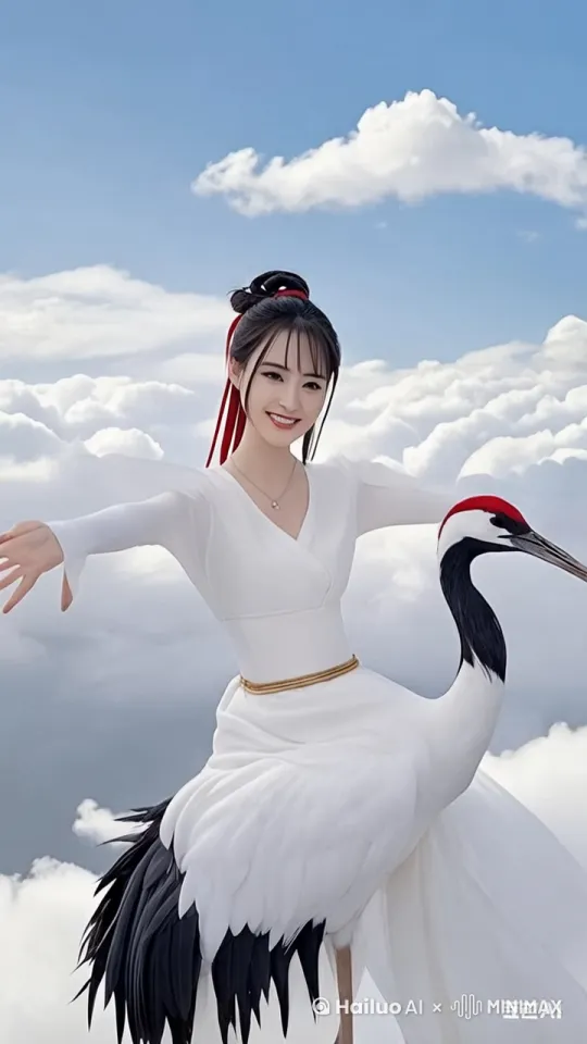 图片美女骑着白色的鹤，向远方飞去 by Hailuo AI Video Generator