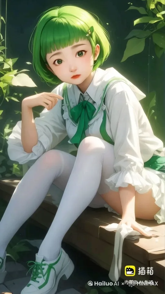 踏入光影交织的绿野角落，绿发少女静坐木阶 。她灵动眼眸流转，似藏万千思绪 。当画面跃动，她的每一次轻抬指尖、眸光闪动，都将为你开启一场梦幻的视觉之旅，速来共赏！ by Hailuo AI Video Generator