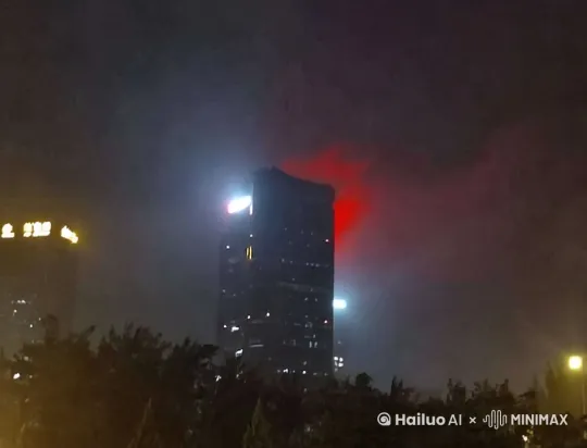 手持拍摄的效果，镜头向右缓慢移动，同时镜头伴随着移动轻微晃动。画面中主体建筑物后面隐约露出一只巨大的海绵宝宝，海绵宝宝的眼睛发着红色的光，红色的烟雾持续的飘动 by Hailuo AI Video Generator