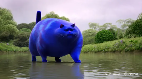 一只蓝色的胖猫在河边走，口吐大量牛奶 by Hailuo AI Video Generator