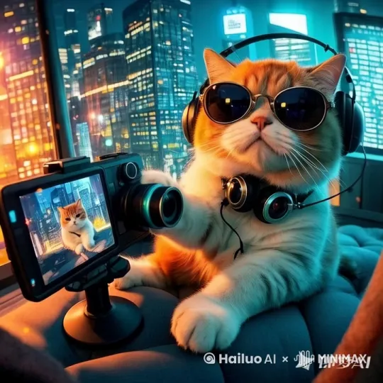 猫咪用左边的相机直播，猫咪跟着自己头戴的耳机里的音乐轻微摇头像打碟一样 by Hailuo AI Video Generator