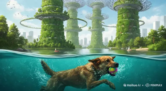 狗狗在水里游玩 by Hailuo AI Video Generator