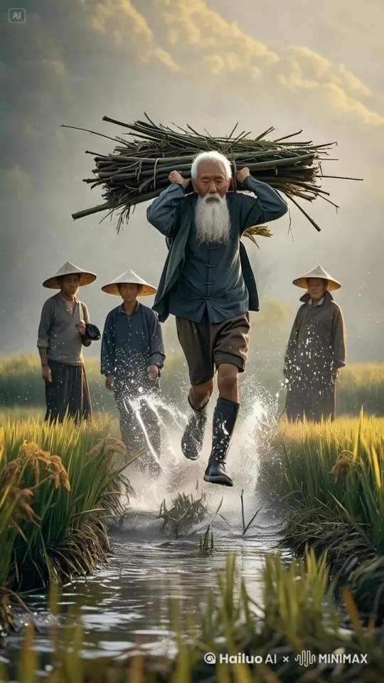 大爷凌空飞起背着柴捆在水面上疾速飞驰然后翻了个更头又落到水面，旁边围观的人大惊失色，动作自然流畅，镜头跟随 by Hailuo AI Video Generator