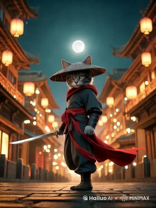 [推进,上升]猫咪坚定地注视着前方，衣摆和披风随风飘动，仙气飘飘 by Hailuo AI Video Generator
