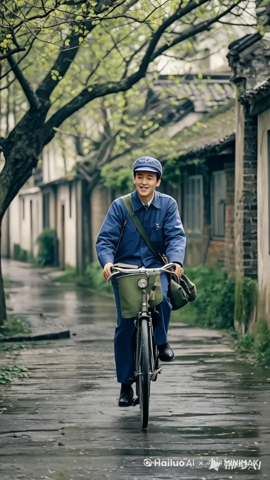 男子自行车上的老式铃铛、解放帽上的徽章，能强化细节；运用摇移镜头，先展示巷子全貌，再聚焦骑车男子，带领观众沉浸式感受场景。 by Hailuo AI Video Generator