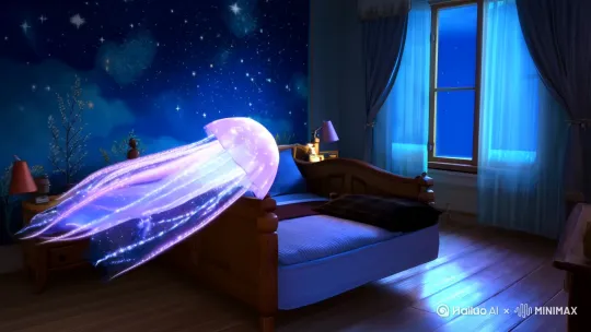 星空水母在卧室游动时  
突然懂了宫崎骏说的温柔 by Hailuo AI Video Generator