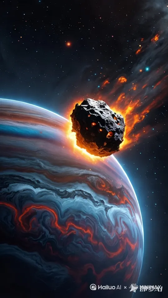 在广袤无垠、漆黑寂静的宇宙深空，繁星如细碎的钻石散布四周，营造出神秘而浩瀚的氛围。巨大的木星悬浮其中，表面五彩斑斓的云带和标志性的大红斑缓慢转动，散发着令人敬畏的气息。一颗体积庞大的陨石，表面坑洼不平，裹挟着宇宙尘埃，以惊人的速度朝着木星疾驰而来。陨石表面因高速摩擦而燃烧，迸射出橘红色的火焰，拖出长长的、摇曳的尾焰。随着陨石逐渐靠近木星，木星强大的引力场让陨石的飞行轨迹微微弯曲，同时，木星表面的云层开始剧烈翻腾，大气被搅动得愈发汹涌。镜头从遥远的深空远景切入，清晰展现陨石如脱缰野马般冲向木星的画面，随后快速拉近，聚焦在陨石与木星即将接触的区域，将陨石燃烧的炽热表面和木星动荡的大气纹理清晰呈现。当陨石撞击木星的刹那，犹如宇宙间绽放出一朵无比巨大的光焰之花，强烈的光芒瞬间照亮整个视野，巨大的能量以冲击波的形式向四面八方扩散，震碎周边星际间的微小尘埃云，让附近的星光都为之闪烁、扭曲。真人，视频，超高清人像视频，8k分辨率，影视级视频，电影质感视频。[推出,上升,下摇] by Hailuo AI Video Generator