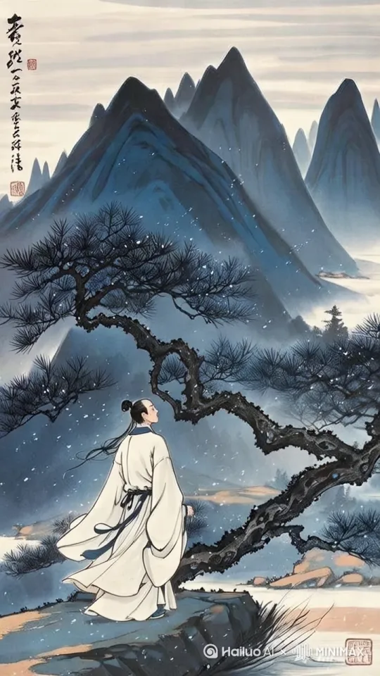 远景：层叠的寒山剪影（墨色皴染）
 
中景：扭曲的劲松（焦墨飞白技法）
 
近景：被风吹起的诗人长袍（半透明水纹材质）
 
特效：动态粒子模拟风声轨迹
 
配色方案：靛青+藏蓝+灰白 by Hailuo AI Video Generator