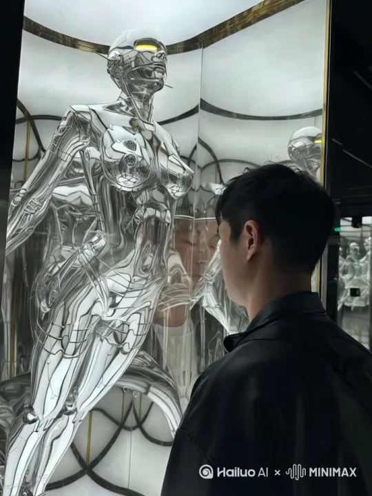 [右移,左摇,跟随]，玻璃柜里的机器人眼睛发出蓝色光晕，逐渐低下头转向靠近玻璃柜外站着的人 by Hailuo AI Video Generator