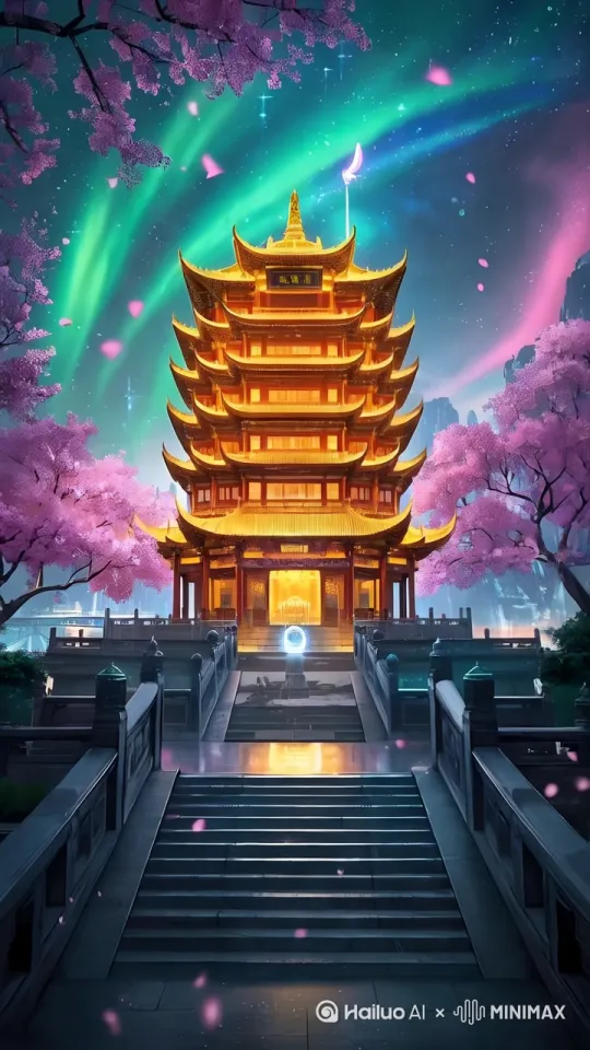 [固定镜头]8K超清 樱花树随风飘动 落叶花瓣， 天空背景缓缓变化， 黄鹤楼变换颜色 by Hailuo AI Video Generator