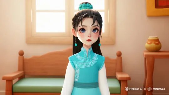 参考角色的小姑娘形象，小姑娘双手伸出两指先指向太阳穴，再在胸前合并向前指出，小姑娘面前的桌子上，本来什么都没有，双手一指之后，出现了一个果盘 by Hailuo AI Video Generator