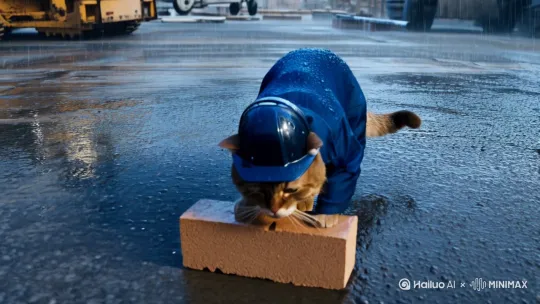 [下降,上摇]身穿破烂深蓝色工人服装头戴安全帽的猫猫在努力搬砖，雨天打湿了全身，依然努力工作 by Hailuo AI Video Generator