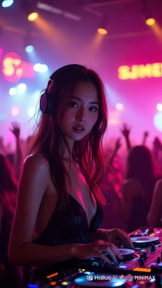 女生操控DJ台，夜店狂欢，固定镜头。 by Hailuo AI Video Generator