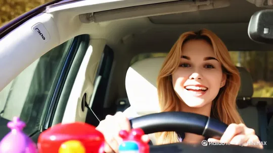 A cheerful and relaxed foreign woman in her car, facing the front. Her hands are steadily gripping the steering wheel. She is wearing a bright smile, eyes twinkling with joy. There is soft sunlight streaming in through the windshield, illuminating her features. The car interior is tidy, with some cute car decorations. The dashboard and steering wheel are clearly visible, and the radio is playing her favorite music, making her gently nod along. by Hailuo AI Video Generator