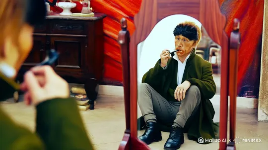 梵高艺术风格。男人穿着灰色的裤子和黑色的皮鞋，坐在镜子面前，镜子中反射出男人的侧脸。镜头后拉，男人站起来，踉踉跄跄地走出画面外。 by Hailuo AI Video Generator
