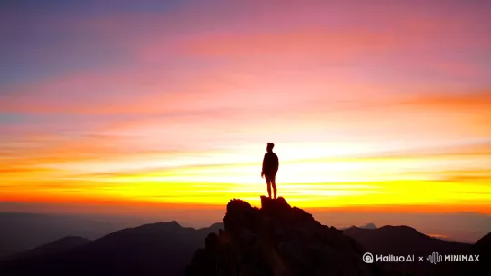 一个人站在高山上，正看着落日的余晖，晚霞散满天空。 by Hailuo AI Video Generator