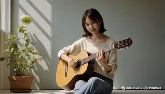 一个女人在沉醉的弹吉他 by Hailuo AI Video Generator