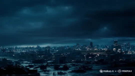 远景，电影级画面，天空俯拍的镜头，在这漆黑的雨夜，科幻风格的城市废墟中，出现一只体型庞大的哥斯拉，[左移,右摇,跟随]哥斯拉尾巴狠狠晃动着拍打地面，背鳍泛着强烈的蓝色荧光色彩，张开嘴巴朝天空咆哮。电影级光效、动态效果 by Hailuo AI Video Generator