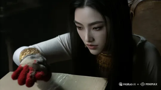 戴破洞手套的手撕开腐烂快递箱，红色液体悬垂 by Hailuo AI Video Generator