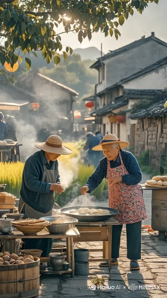 真实摄影，超细节，16K超清画质，中景，抓拍视角，35mm焦距，画面主体为两位头戴斗笠、身着围裙的老太太，她们表情愤怒，正互相大幅度推搡，手部动作明显，围裙因动作而飘动 ，古村落石板路在脚下，周围有炊烟袅袅升起，背景是古旧建筑，营造出充满生活冲突感且具有古村特色氛围的画面。 by Hailuo AI Video Generator