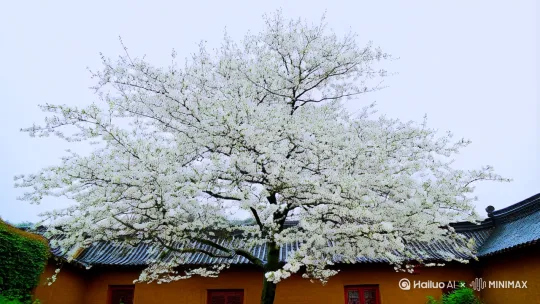 这张图片展现了一个宁静的乡村庭院场景。庭院中央是一棵开满白色花朵的树，花瓣在雨中轻轻摇曳，给人一种清新怡人的感觉。树的枝干弯曲自然，仿佛经过多年风雨洗礼，显得坚韧而富有生命力。树下和庭院四周摆放着许多盆栽植物，绿意盎然，为整个庭院增添了不少生机。

庭院地面是湿润的石板路，显然刚刚经历了一场小雨。石板路反射着微弱的光泽，雨滴在地面上形成一个个小水洼，显得格外清澈。庭院的一侧摆放着几张木制的桌椅，木质家具质朴而自然，与周围的乡村环境相得益彰。这些桌椅似乎是为家人或客人准备的，提供了一个休憩和交流的空间。

庭院的一角，两只公鸡悠闲地在地面上踱步。它们身上的羽毛在雨中显得格外鲜艳，红色的鸡冠和黑色的尾羽在绿色的背景下格外醒目。公鸡的存在为这个宁静的场景增添了一丝活力和田园气息。

庭院背后的房屋是传统的土坯房，墙壁呈现出温暖的土黄色，屋顶覆盖着黑色的瓦片，显得古朴而典雅。房屋的门窗简单而实用，门旁挂着红色的对联或装饰物，为这个乡村庭院增添了几分喜庆和温馨。

远处的背景是连绵起伏的山峦，山间云雾缭绕，显得神秘而美丽。雨后的山景更加清新，空气中也弥漫着泥土和花草的芬芳。整个场景给人一种宁静、祥和的感觉，仿佛置身于世外桃源，远离城市的喧嚣和烦恼。

这个庭院不仅是一个居住的地方，更是一个让人放松心情、享受自然的理想场所。无论是清晨的鸟鸣，还是黄昏的夕阳，这里的一切都充满了诗意和美好。这样的乡村庭院，无疑是许多人心中向往的生活场景。 by Hailuo AI Video Generator