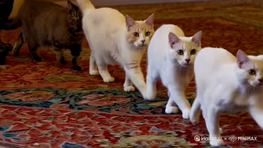 一群猫在地毯上走，有一只飞了起来。 by Hailuo AI Video Generator
