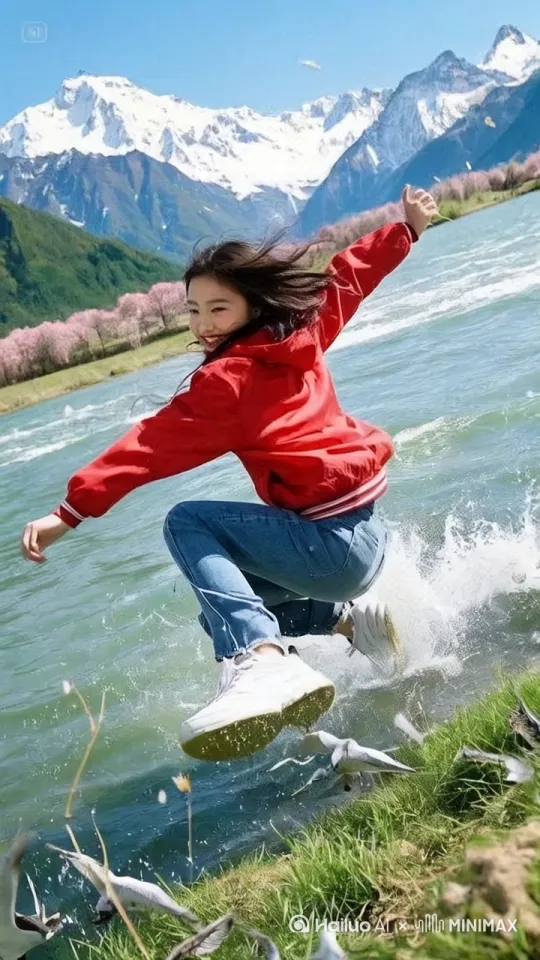 】广角镜头从河岸青草地平线推近，11岁中国少女（红夹克/浅蓝牛仔裤/白球鞋）屈膝蓄力，逆光勾勒发丝金边。慢镜头升格展现双脚离地瞬间，飞溅的草屑在阳光下闪烁。无人机环绕跟拍其舒展双臂沿着江面飞行，发梢与夹克下摆在气流中高频颤动，背景雪山群峰裹着未融春雪。 
镜头穿过翻涌云海，少女以仰角掠过澎湃江面，运动相机抓拍白色鞋底反光与激荡浪花的同频震颤。长焦捕捉她回望镜头的笑脸，睫毛沾着细碎光斑，背景虚化成青色山脉的流动色块。建议用偏振镜强化蓝天层次，后期添加衣料摩擦声与隐约鹰啸，保留真实环境风声。 by Hailuo AI Video Generator