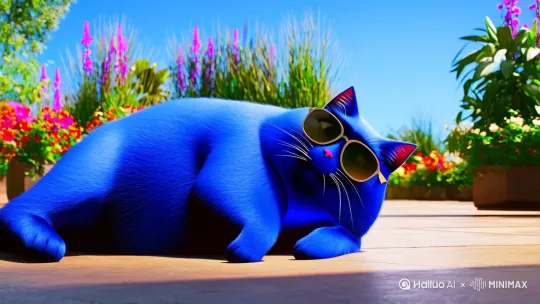 一只蓝色的胖猫戴着墨镜十分潇洒 by Hailuo AI Video Generator