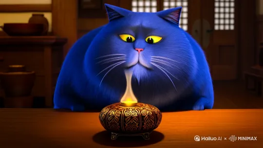 一只蓝色的胖猫看着摆在桌子上的香炉 by Hailuo AI Video Generator