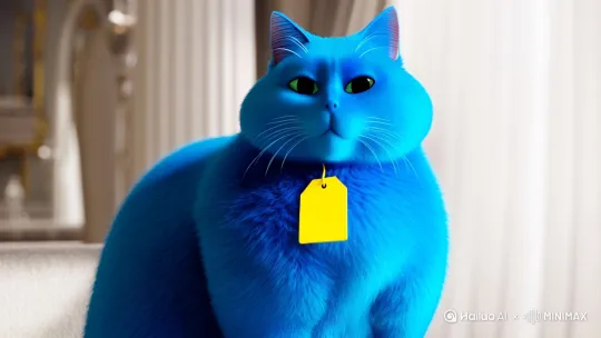 一只蓝色的胖猫脖子上挂着黄牌 by Hailuo AI Video Generator