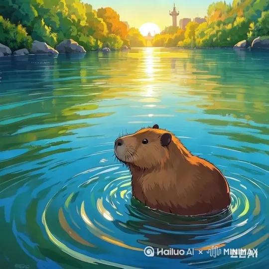 晨曦微露，柔和的光线洒在翡翠河上，波光粼粼似碎金闪耀。卡卡把湿润的鼻尖探出水面，眼神疑惑。 by Hailuo AI Video Generator