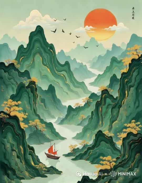 [固定镜头]天上飞鸟，船，云彩 by Hailuo AI Video Generator