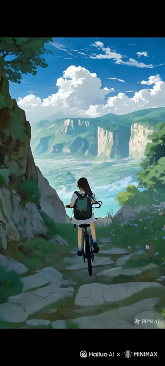 快速跟踪镜头移动，小女孩骑着自行车向前行驶，头发随风飘动，充满活力，镜头跟随，快速移动。过程自然顺滑 by Hailuo AI Video Generator
