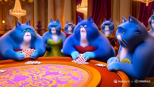 一群蓝色的胖猫在一起打牌，其中一只神情紧张 by Hailuo AI Video Generator
