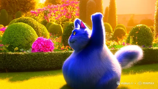 一只蓝色的胖猫挥舞着双臂，招呼着过来 by Hailuo AI Video Generator