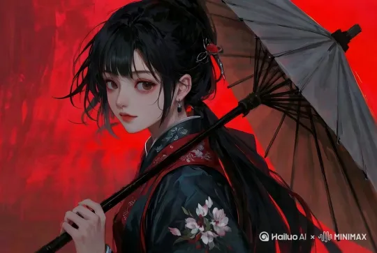 [固定镜头]头发缓慢飘动，带一些羽化效果，眼睛慢慢眨，背景像水纹一样浮动 by Hailuo AI Video Generator