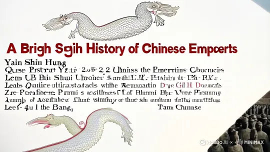**[开场动画：龙纹玉玺盖印，字幕"中国帝王简史"]**  
**解说词**："从公元前221年秦始皇嬴政首称皇帝，到1912年溥仪退位，中国历经422位帝王。让我们用8分钟穿梭时空，见证那些改写历史的君王。"  

---

**[镜头：兵马俑阵列切入]**  
**秦始皇（前259-前210）**  
"首位皇帝嬴政横扫六国，书同文、车同轨、筑长城，却因焚书坑儒、严刑峻法埋下祸根。成语'指鹿为马'虽出自秦二世时期权臣赵高，却成为秦朝暴政灭亡的缩影。"  

**[转场动画：竹简展开"约法三章"字样]**  
**汉高祖刘邦（前256-前195）**  
"布衣天子刘邦以'约法三章'收民心，楚汉相争时用'明修栈道，暗度陈仓'奇袭项羽，建立大汉。晚年诛杀功臣的阴影，却为吕后专权埋下伏笔。"  

**[镜头：丝绸与钱币洒落]**  
**汉文帝刘恒（前203-前157）**  
"文景之治开启中国首个盛世，轻徭薄赋成就'贯朽粟陈'的富足。但诸侯坐大引发七国之乱，为汉武帝集权铺路。"  

**[镜头：骑兵冲锋特效]**  
**汉武帝刘彻（前156-前87）**  
"北击匈奴、南平百越，派张骞'凿空西域'，却因连年征战致'海内虚耗'。晚年'巫蛊之祸'误杀太子，留下轮台罪己的千古反思。"  

**[转场：铜镜碎裂，显现"新"字]**  
**新帝王莽（前45-23）**  
"儒生帝王王莽篡汉改制，土地国有、废除奴婢等超前政策引发'人心向背'，最终绿林起义终结其'托古改制'的理想国。"  

---

**[动画：洛阳城门开启]**  
**光武帝刘秀（前5-57）**  
"位面之子刘秀以'昆阳之战'2万破42万奇迹复汉，'光武中兴'重用云台二十八将，却放任豪强兼并土地，为东汉灭亡埋雷。"  

**[镜头：地震特效转三国地图]**  
**魏武帝曹操（155-220）**  
"虽未称帝，但'挟天子以令诸侯'奠定曹魏基业。官渡之战以少胜多展现'老骥伏枥'的雄心，赤壁大火却烧出三国鼎立。"  

**[转场：战马嘶鸣声]**  
**唐太宗李世民（598-649）**  
"玄武门之变成就贞观之治，被尊'天可汗'。晚年著《帝范》自省：'舟水之喻'警醒后世，却开启唐代政变夺权先例。"  

**[镜头：敦煌飞天壁画]**  
**女皇武则天（624-705）**  
"唯一女帝首创殿试、推广农书，但'请君入瓮'的酷吏政治引发争议。无字碑任由评说，却为开元盛世储备人才。"  

---

**[动画：运河船只航行]**  
**隋炀帝杨广（569-618）**  
"开科举、修运河功在千秋，但三征高句丽耗尽国力，'罄竹难书'的暴政引发'十八路反王'起义，隋朝38年而亡。"  

**[镜头：马球比赛场景]**  
**唐玄宗李隆基（685-762）**  
"开元盛世缔造'忆昔开元全盛日'的辉煌，晚年沉溺杨贵妃酿成安史之乱。'红尘一骑'荔枝来，成为盛唐转衰的悲凉注脚。"  

**[转场：酒杯落地碎裂声]**  
**宋太祖赵匡胤（927-976）**  
"陈桥兵变黄袍加身，'杯酒释兵权'重塑中央集权。重文轻武国策奠定文化高峰，却导致'积贫积弱'的军事困局。"  

---

**[动画：蒙古骑兵冲锋]**  
**元世祖忽必烈（1215-1294）**  
"首位少数民族大一统帝王，建立行省制影响至今。四等人制度激化矛盾，'石人一只眼'民谣掀起红巾军起义。"  

**[镜头：郑和宝船特效]**  
**明成祖朱棣（1360-1424）**  
"靖难之役夺位，迁都北京、派郑和下西洋彰显'永乐气象'，却设东厂开启特务统治，'瓜蔓抄'诛杀方孝孺十族遗臭万年。"  

**[转场：红衣大炮轰鸣]**  
**崇祯帝朱由检（1611-1644）**  
"末代明君除魏忠贤、励精图治，但刚愎多疑错杀袁崇焕。煤山自缢时'君王死社稷'的悲壮，留下'甲申三百年祭'的反思。"  

---

**[镜头：紫禁城黄昏]**  
**康熙帝玄烨（1654-1722）**  
"擒鳌拜、平三藩、收台湾，开创康乾盛世。但文字狱禁锢思想，九子夺嫡暴露继承制度缺陷，为清朝衰亡埋下伏笔。"  

**[动画：鸦片烟雾弥漫]**  
**道光帝旻宁（1782-1850）**  
"鸦片战争签订《南京条约》，'天朝上国'迷梦破碎。林则徐'虎门销烟'成最后荣光，近代屈辱史由此开端。"  

**[终幕：清帝退位诏书特写]**  
**宣统帝溥仪（1906-1967）**  
"3岁登基6岁退位，从伪满傀儡到平民，跌宕 by Hailuo AI Video Generator