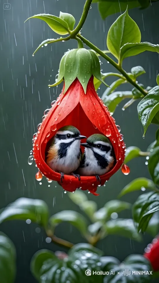 雨哗啦啦下，风吹树木花朵晃动 by Hailuo AI Video Generator