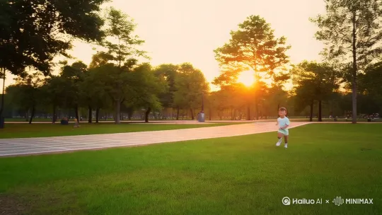 主角 小太阳，夏日清晨，在公园跑道上，穿着一身清凉的运动衣，生后映衬着刚刚升起的太阳光，镜头由远及近，小太阳挥起双手对着镜头说，生命在于运动，小朋友们跟我一起来运动吧 by Hailuo AI Video Generator
