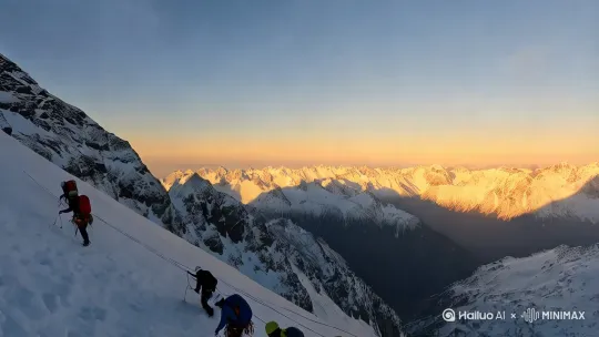 绵延不绝的雪山，一群登山者正在攀登，远处夕阳照耀在山脉中镜头远处缓慢推进 by Hailuo AI Video Generator