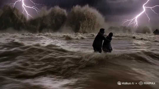在一个狂风骤雨的夜晚，我亲眼目睹了泥浆裹挟着沙石，像一头失控的野兽，怒吼着 咆哮着，父亲抱着我拼命逃离，我看见一排排房屋瞬间被吞噬，尖叫声、哀嚎声与呼啸的风雨杂糅成安吉痛苦的悲鸣。[右移,左摇,跟随] by Hailuo AI Video Generator